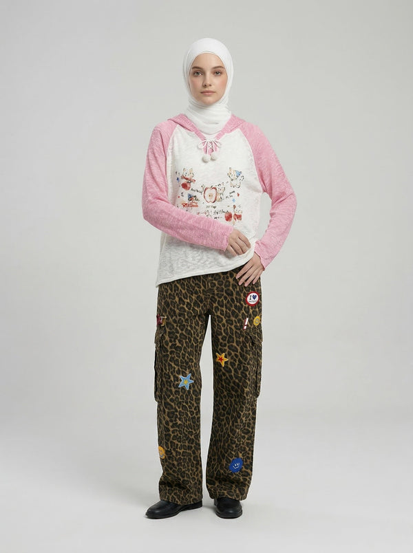 Color-Blocked Whisker Print Hooded Top