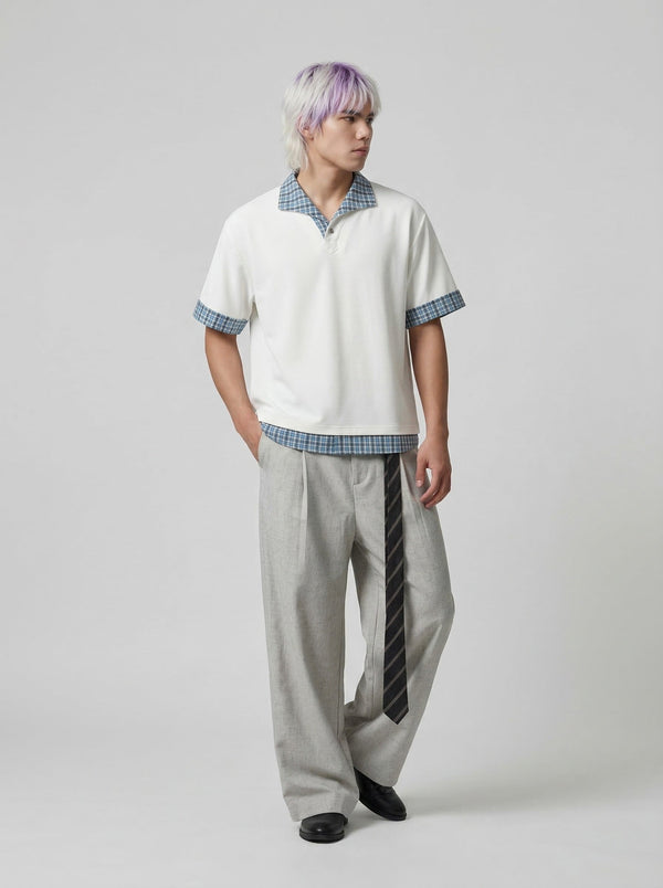 Plaid Layered Short-Sleeve Collar-Knit Shirt alternatif görünüm
