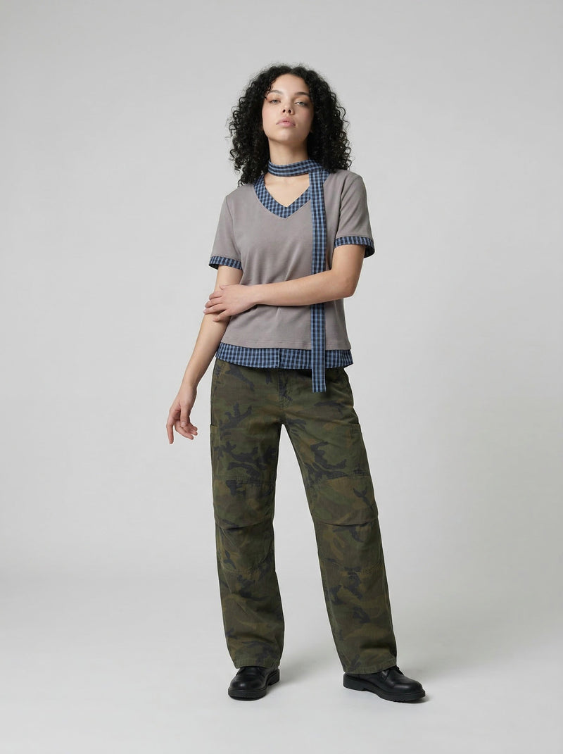 Scarf Mock Checkered T-Shirt
