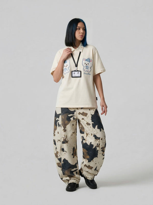 Floral Cartoon Cubs-Print Sport-Collar Shirt