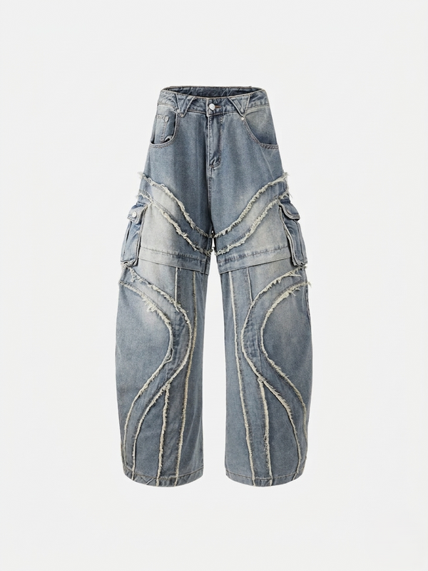 Dalga Panel Baggy Bol Paça Jean Pantolon, arka görünüm — Navra Wear