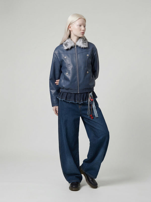 Ruffled Waist Bell-Leg Denim alternatif görünüm