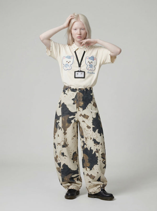 Floral Cartoon Cubs-Print Sport-Collar Shirt alternatif görünüm
