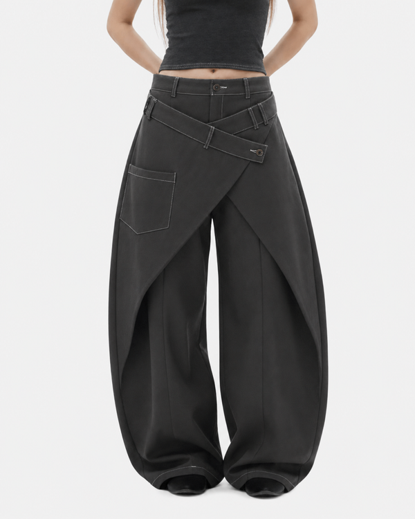 Kruvaze Panel Baggy Bol Paça Pantolon, arka görünüm — Navra Wear